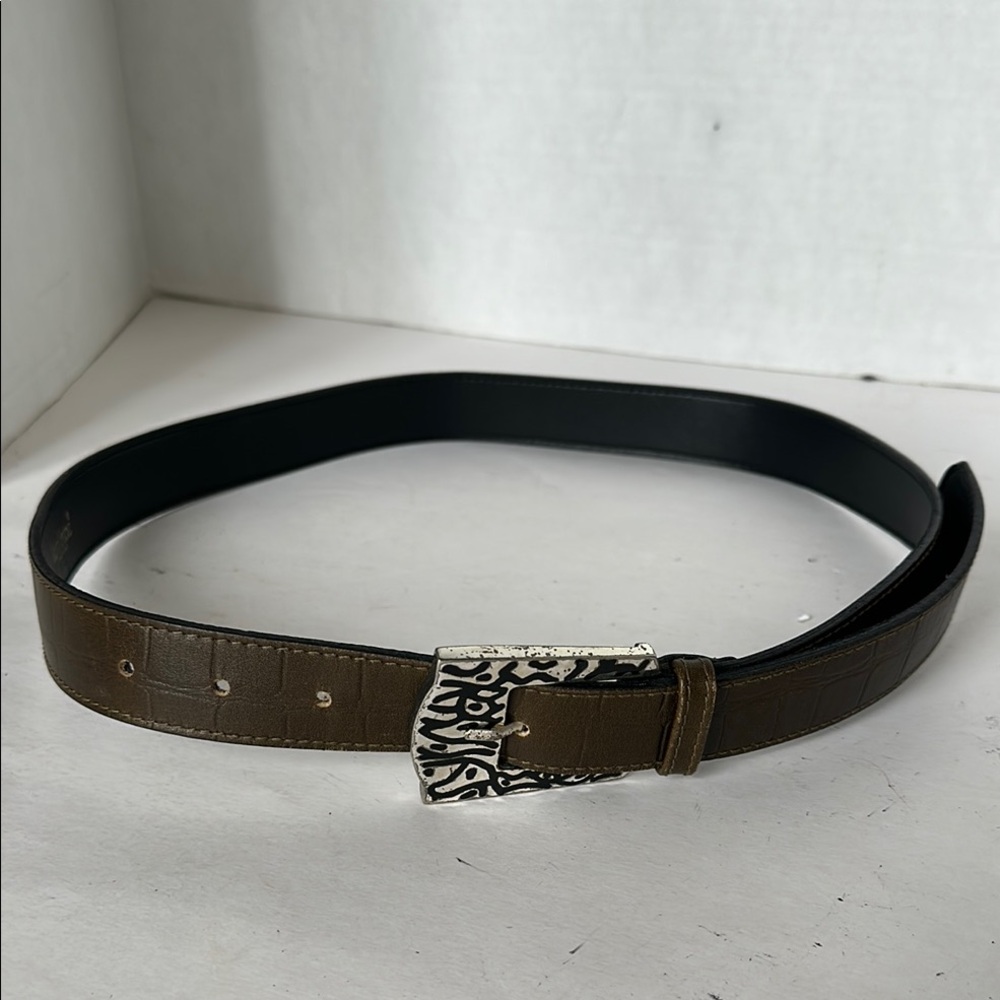 Gianni Versace Vintage Unisex Brown Belt Silver Buckle Size 32